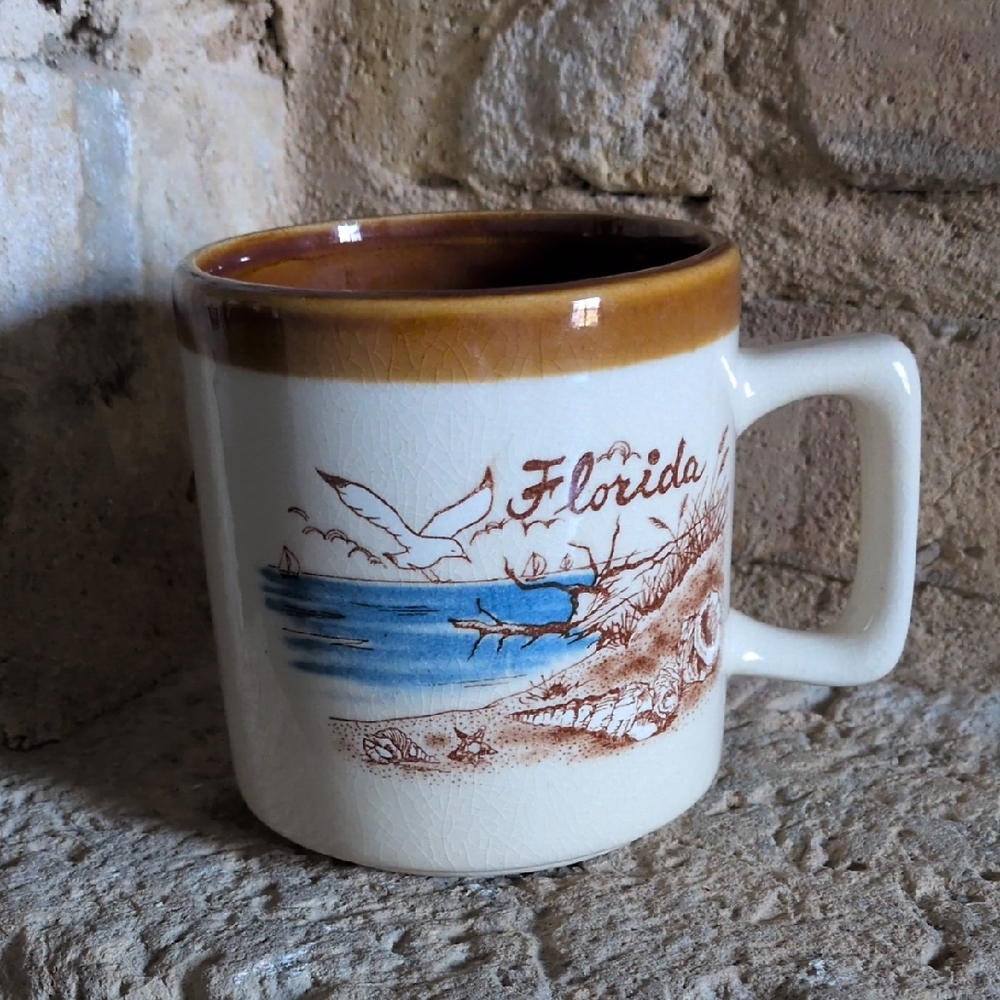 Vintage Seagull, Ocean, Sailboat, & Beach Florida Themed Stoneware Ceramic Mug